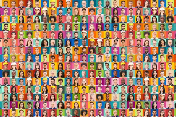 Large panorama of headshots of adults in front of monochrome backgrounds.